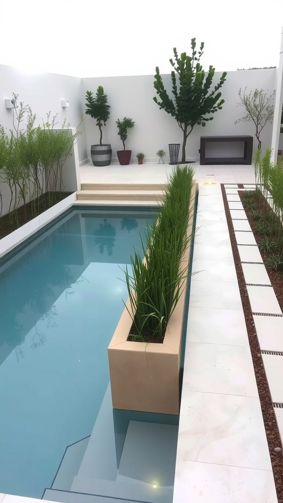 Small pool with built-in planter bench surrounded by greenery