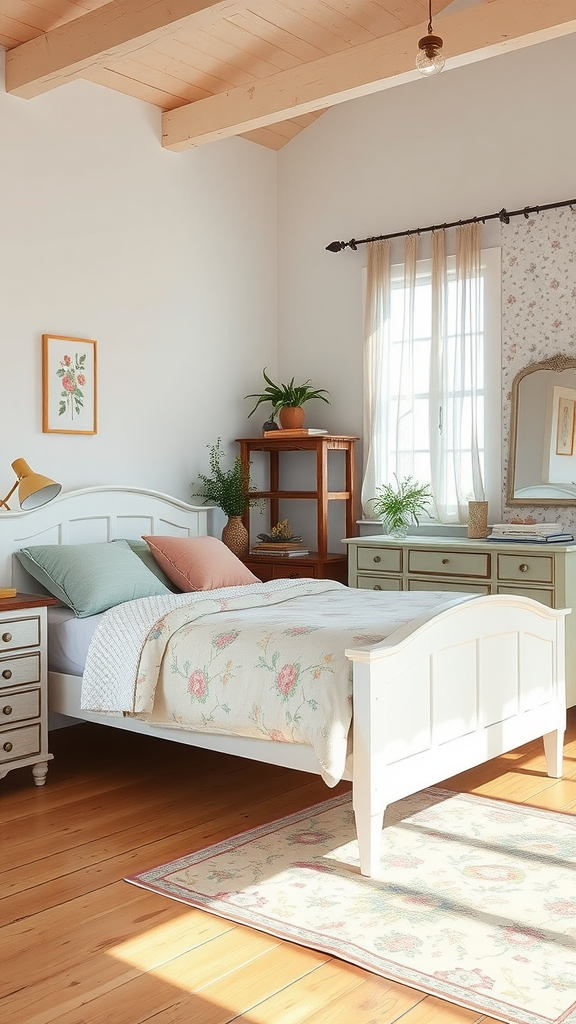 A cozy cottagecore bedroom featuring a white bed with floral bedding, wooden beams, and plants.
