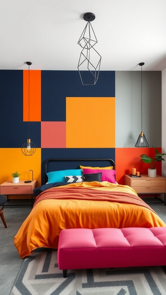 A modern bedroom featuring bold color blocking with pink, orange, and teal walls, a black bed, and bright bedding.