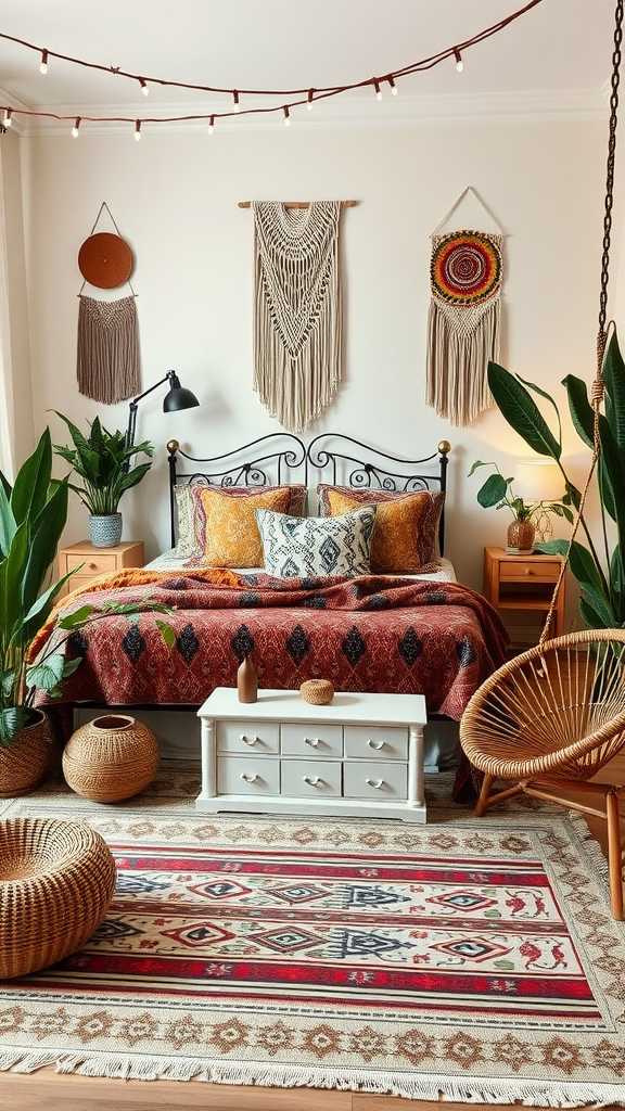 A cozy boho-chic bedroom featuring a bed with colorful pillows, macramé wall hangings, potted plants, and a patterned rug.