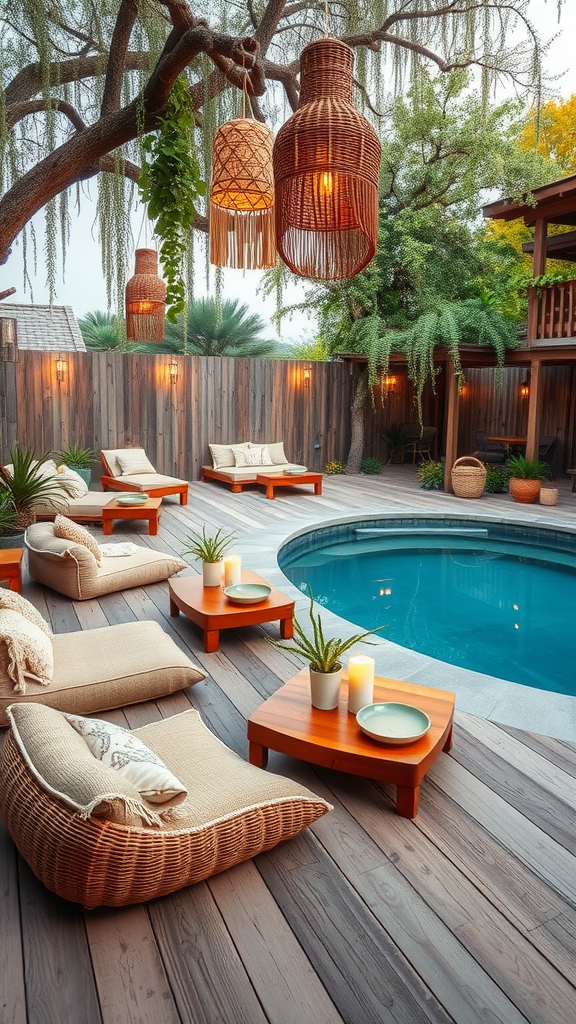 A beautiful Boho Chic pool deck with lounge chairs, wooden tables, and hanging lights.