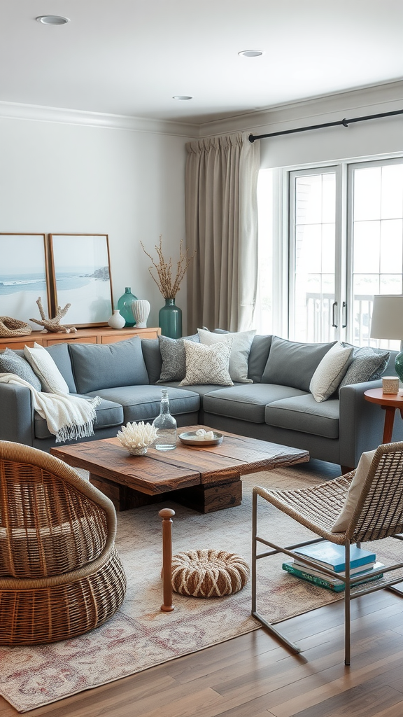 A cozy Boho Coastal living room featuring a gray sectional sofa, rustic wooden coffee table, and woven decor elements.