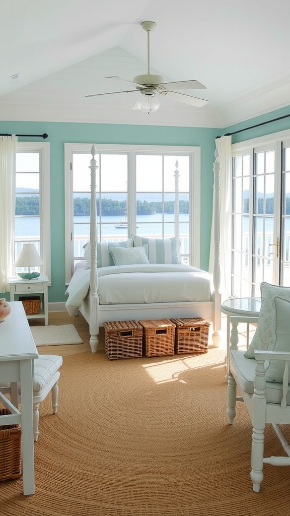 Coastal breeze lake house bedroom with mint green walls and large windows