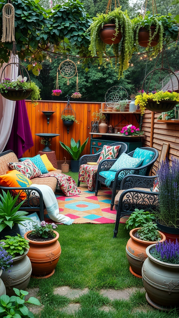 A colorful boho garden retreat featuring cozy seating, vibrant cushions, hanging plants, and decorative planters.