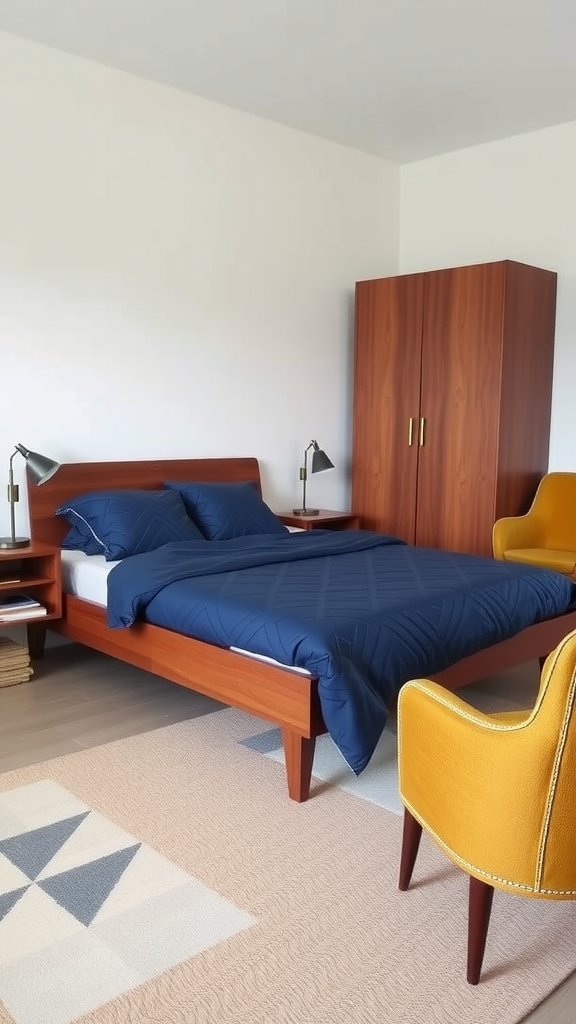 A mid-century modern bedroom featuring a wooden bed, navy bedding, a yellow chair, and a cozy rug.