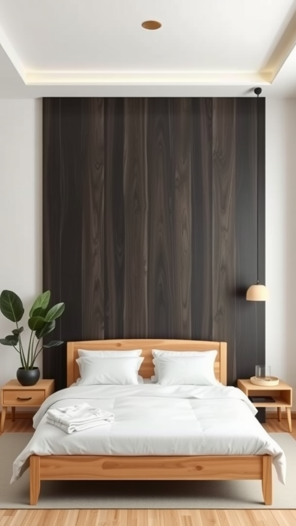 A Japandi style bedroom featuring a dark wooden accent wall, a light wooden bed frame, white bedding, and a potted plant.