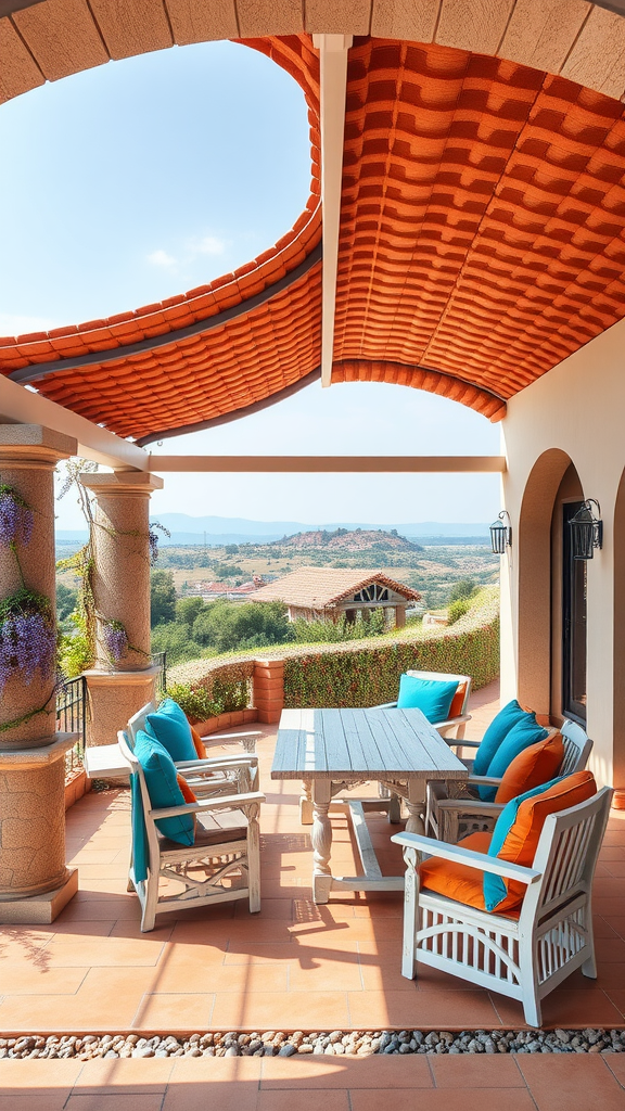 Mediterranean style patio with terracotta roof and colorful cushions