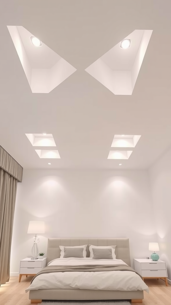 A minimalist bedroom with a box ceiling design featuring recessed lighting.