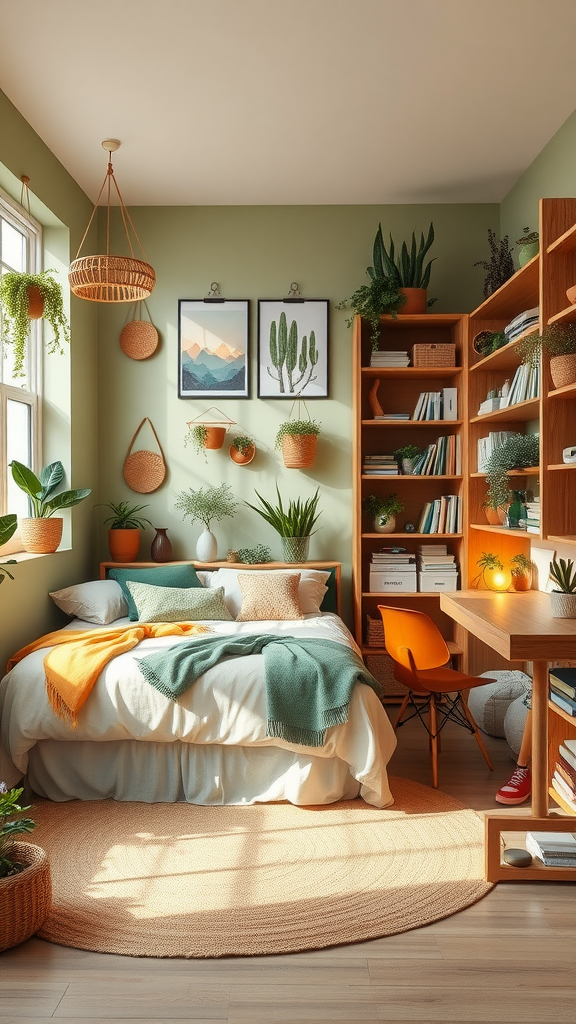 A cozy, nature-inspired dorm room with plants, warm colors, and a stylish desk area.