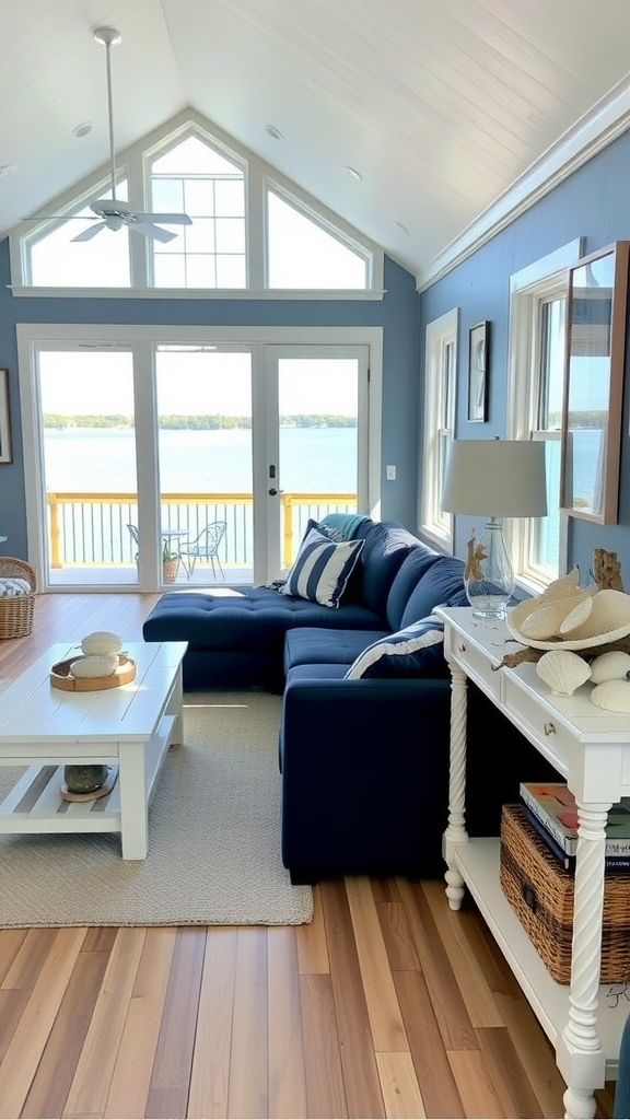 A nautical-inspired living room with a navy couch, white furniture, and large windows overlooking a lake.