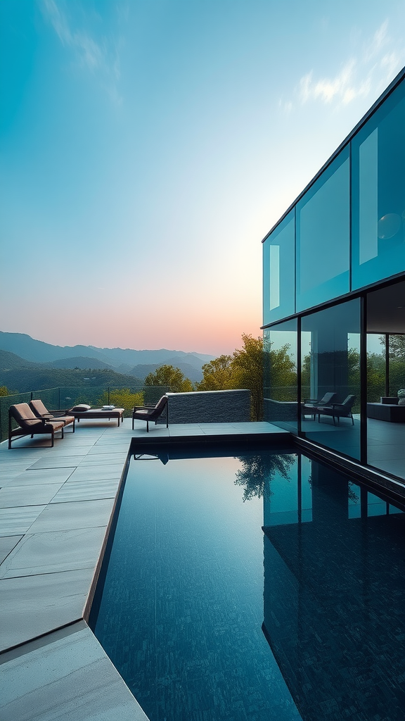 A modern raised pool with glass walls overlooking a scenic mountain view during sunset