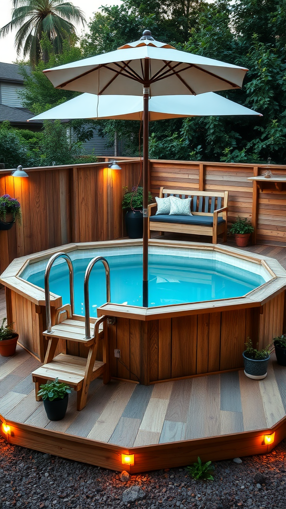 A round above-ground pool surrounded by wooden decking, plants, and an umbrella.