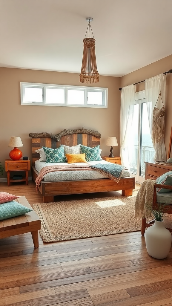 A rustic boho beach bedroom featuring wooden furniture, colorful cushions, and natural light.