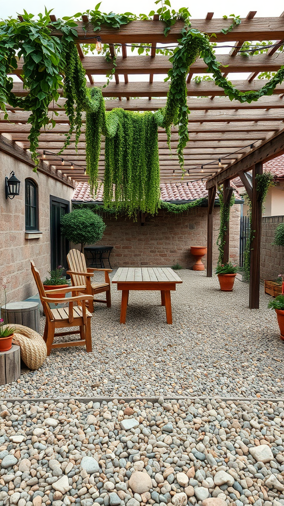 A rustic gravel patio with wooden furniture and green plants overhead