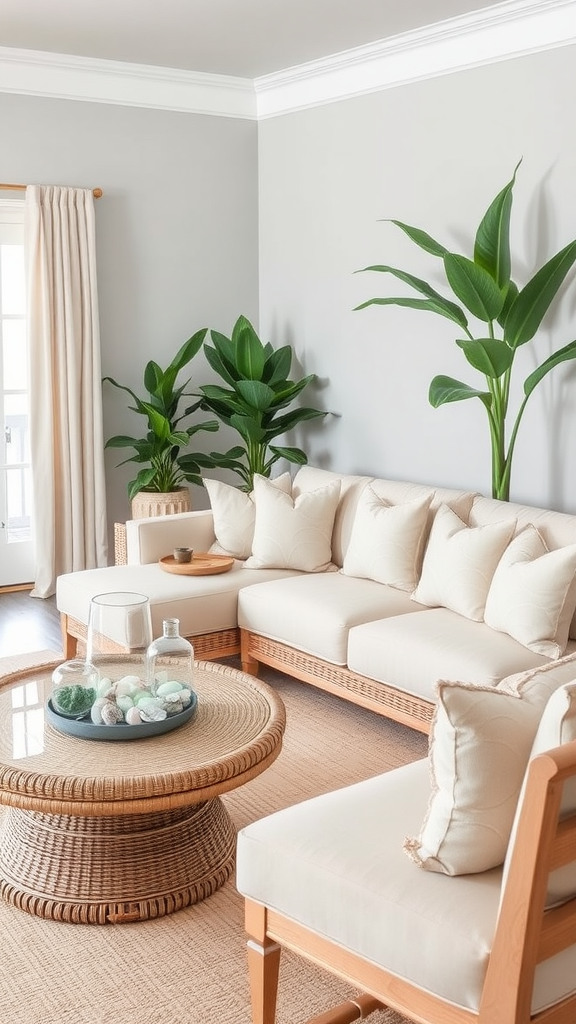 Neutral coastal living room with a light gray wall, plush cream sofa, plants, and a woven coffee table.