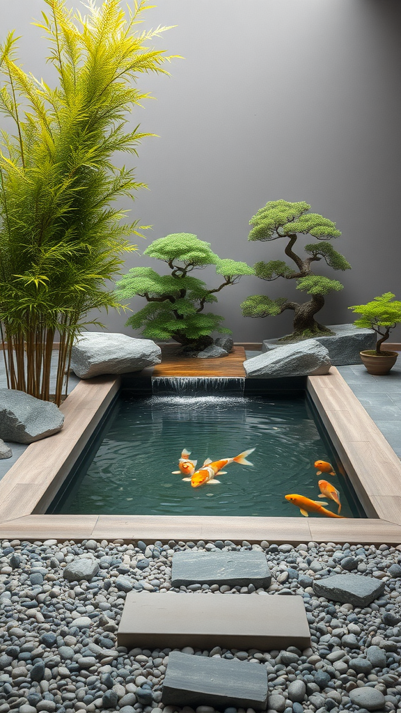 A serene Zen garden pool with koi fish, bamboo, and bonsai trees.