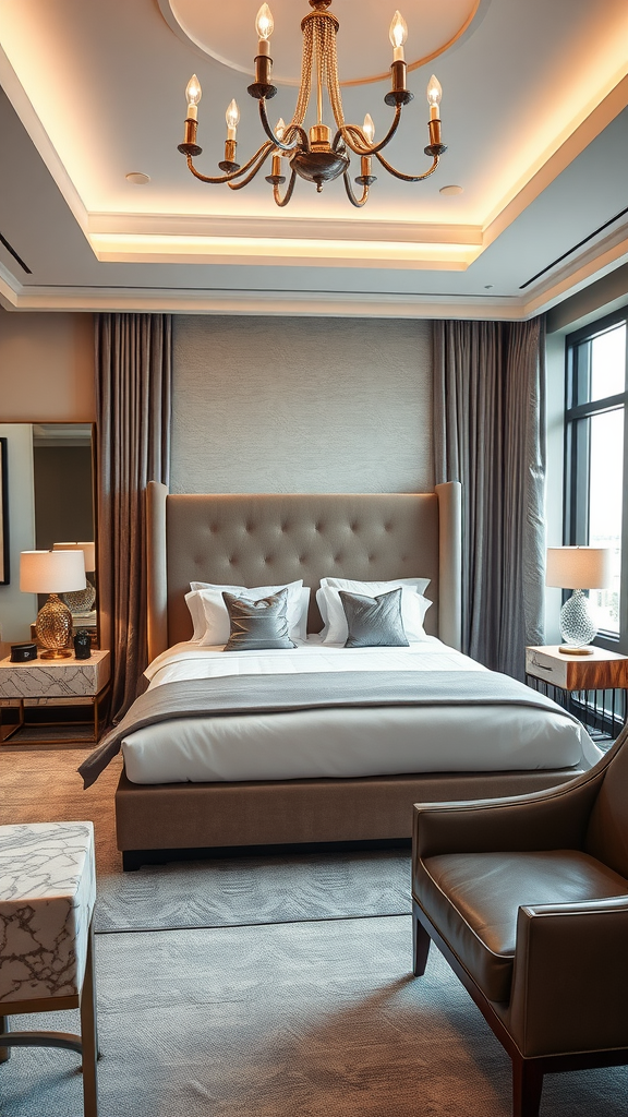 A luxury bedroom featuring a large bed with decorative pillows, elegant chandelier, and stylish furniture.