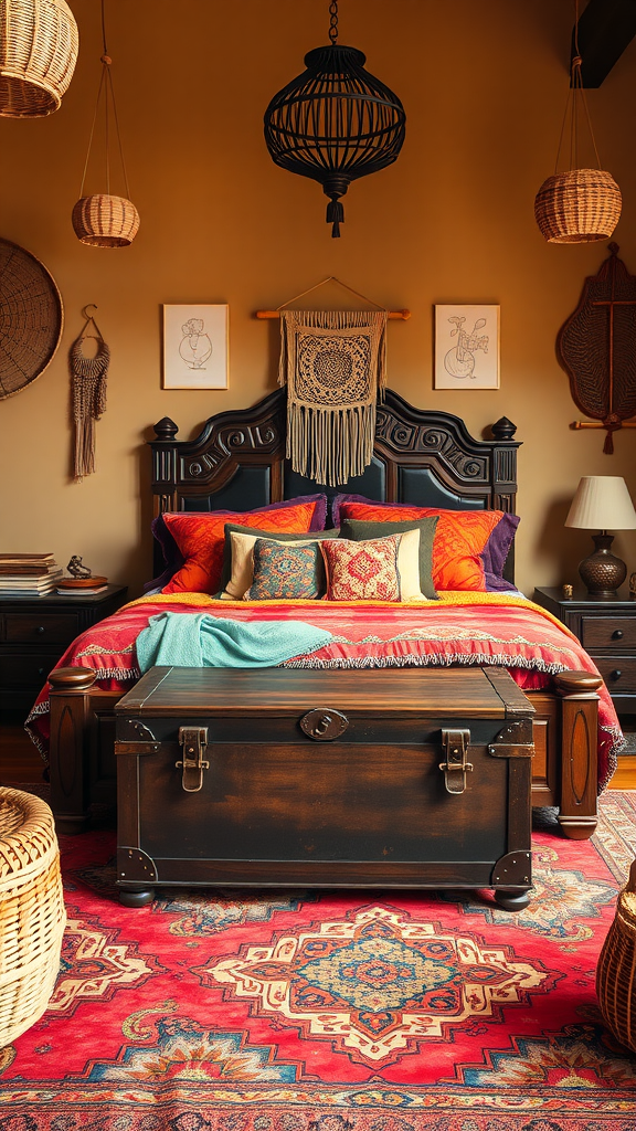 A vibrant Bohemian bedroom featuring a wooden bed with colorful pillows, a vintage trunk, woven lighting fixtures, and a patterned rug.