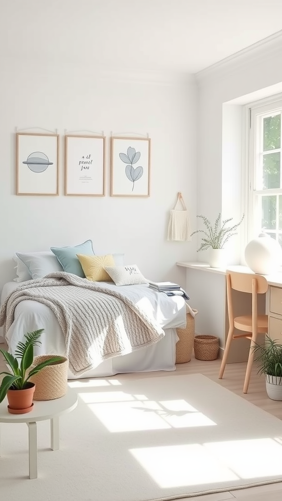 A cozy Scandinavian dorm room featuring a neatly made bed with decorative pillows, a minimalist desk, and houseplants.