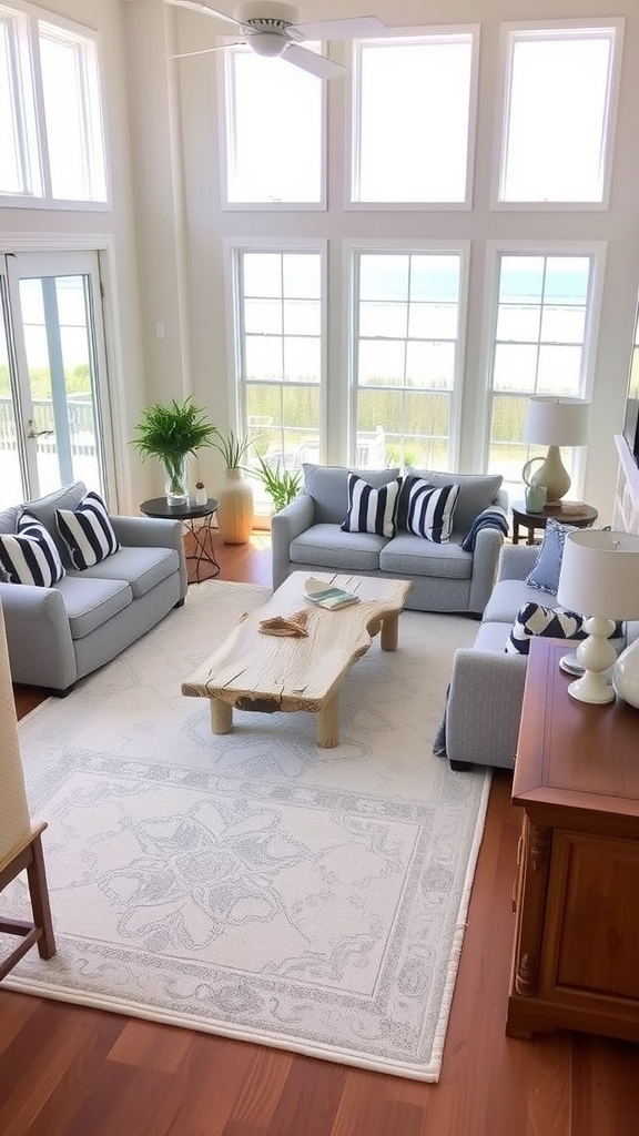 Coastal living room featuring large windows, a driftwood coffee table, and striped cushions.