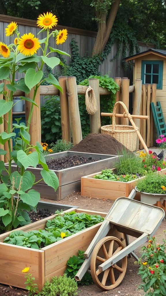 A colorful hippie garden featuring tall sunflowers, raised beds with diverse vegetables and fruits, a quaint shed, and a wheelbarrow.