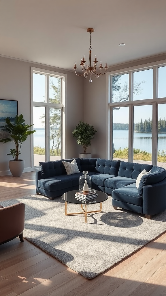 A stylish lakefront living room featuring a blue sectional sofa, a coffee table, large windows, and a chandelier.