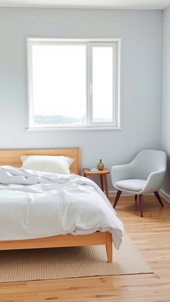 A serene Japandi style bedroom featuring a wooden bed, white bedding, light gray walls, a cozy chair, and a side table.