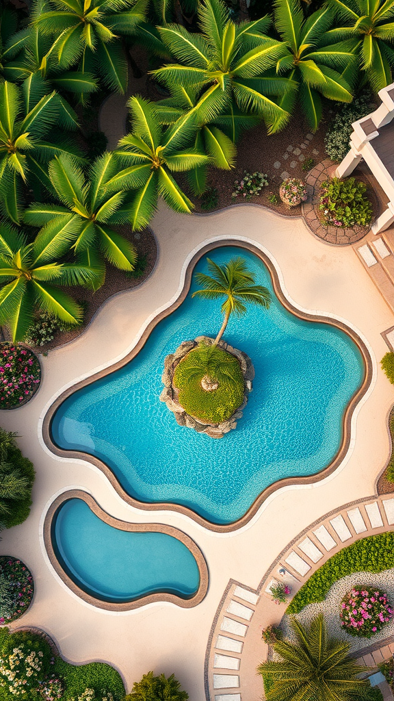 Aerial view of a lagoon-style pool surrounded by lush tropical plants and flowers.