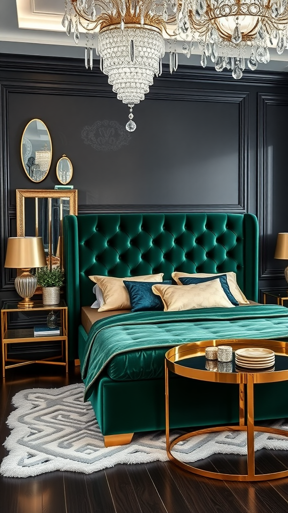 Luxurious modern bedroom with green velvet bed, gold accents, and chandelier.