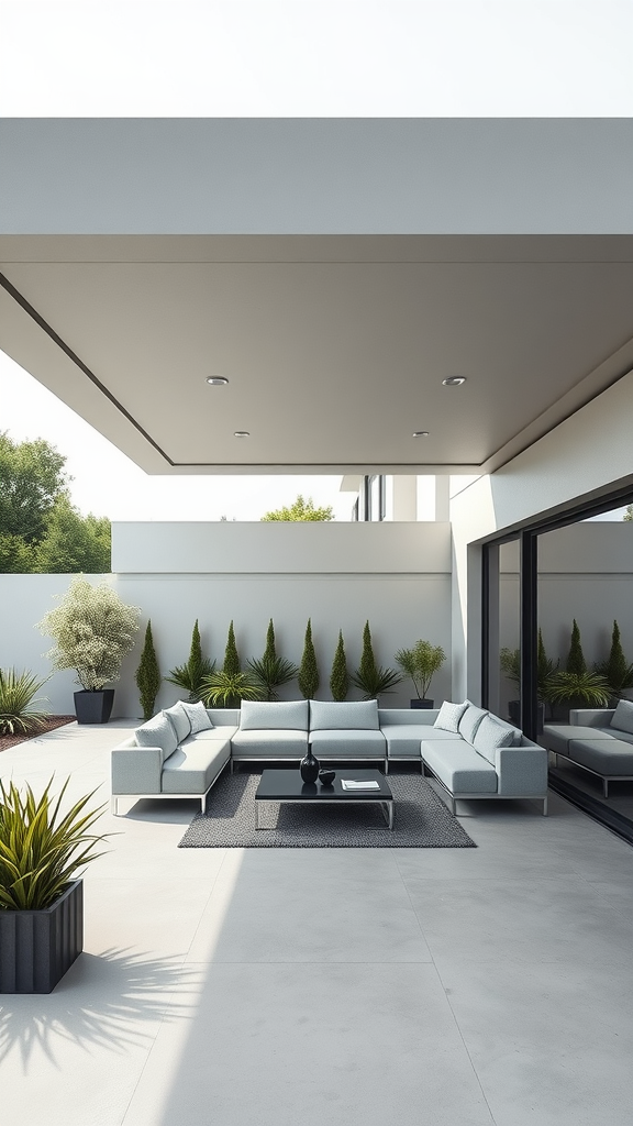 Modern minimalist flat roof patio with sectional sofa, coffee table, and surrounding greenery.