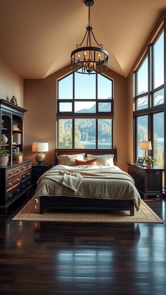 Mountain view lake house bedroom featuring large windows and rustic wooden furniture