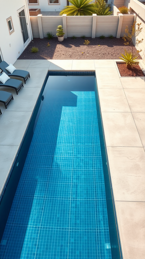 A rectangular lap pool with clear blue water, surrounded by a minimalist landscape and lounge chairs.