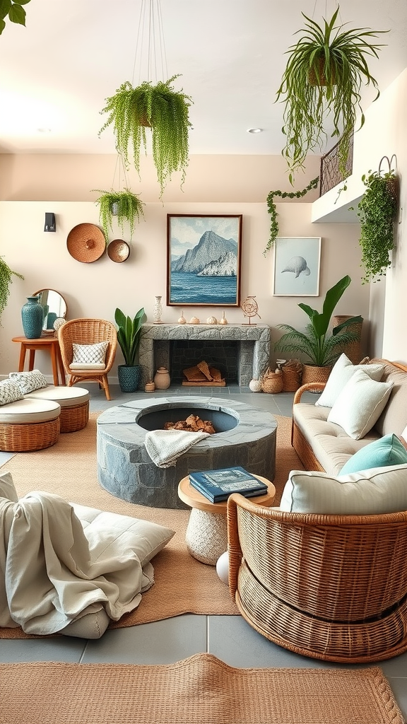 A cozy boho coastal living room featuring a stone fire pit, woven furniture, and hanging plants.