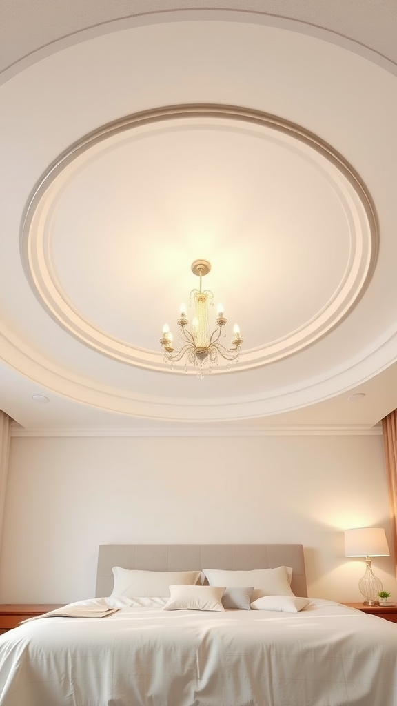 A bedroom with a round center pop ceiling design featuring a chandelier.