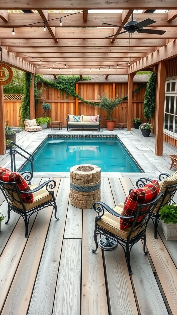 A rustic farmhouse pool deck featuring a swimming pool, wooden beams overhead, cozy chairs, and potted plants.