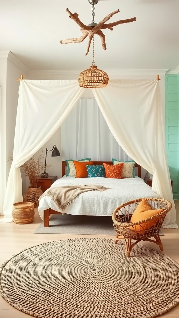 Seaside boho bedroom featuring a canopy, colorful pillows, and natural materials