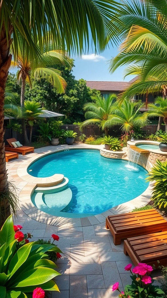 A small tropical pool surrounded by palm trees and vibrant flowers, featuring a waterfall and wooden loungers.