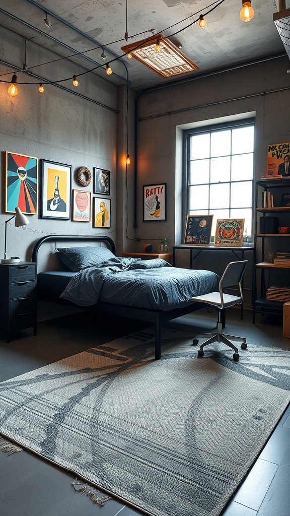 A stylish urban loft dorm room featuring concrete walls, string lights, and a cozy bed