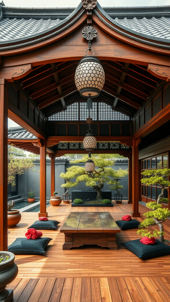 Asian-inspired wooden patio roof with lanterns and cushions