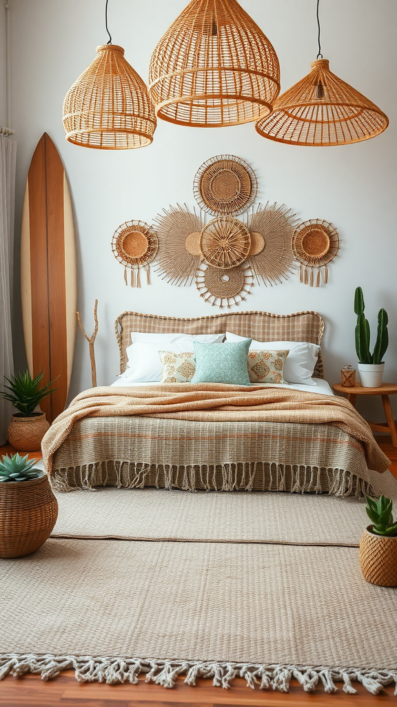 Boho coastal bedroom featuring woven accents, rattan light fixtures, and natural decor