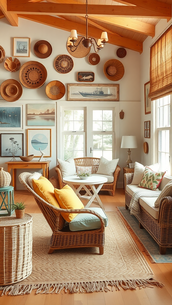 A cozy coastal boho living room with rattan furniture, jute rug, and decorated walls featuring woven baskets and coastal art.