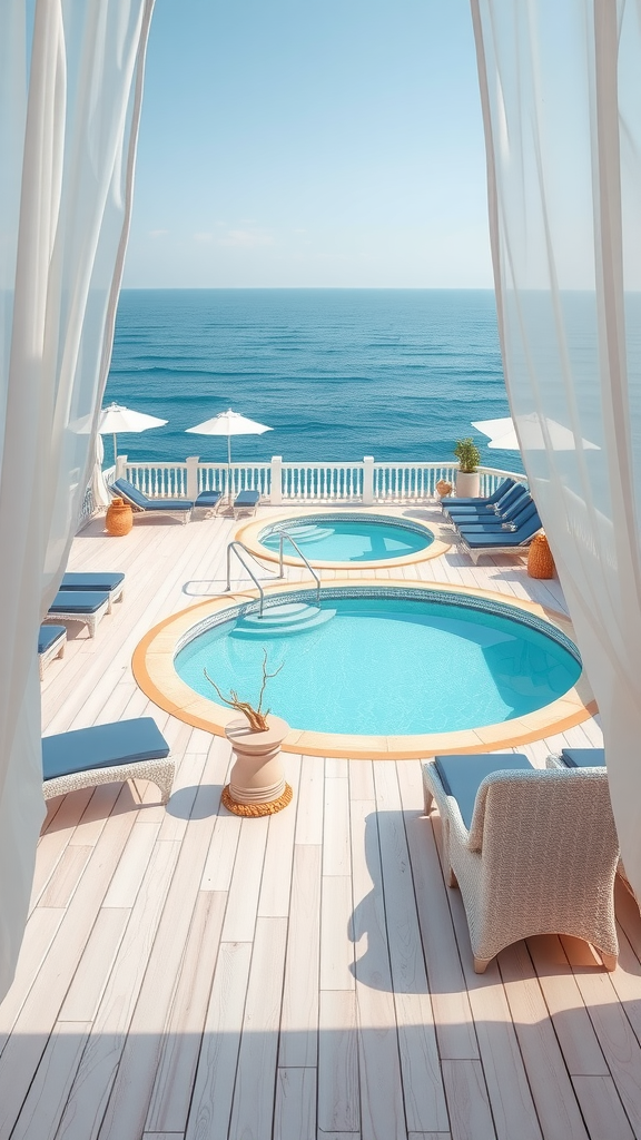 A beautiful coastal pool deck overlooking the ocean with a hot tub, lounge chairs, and white curtains.