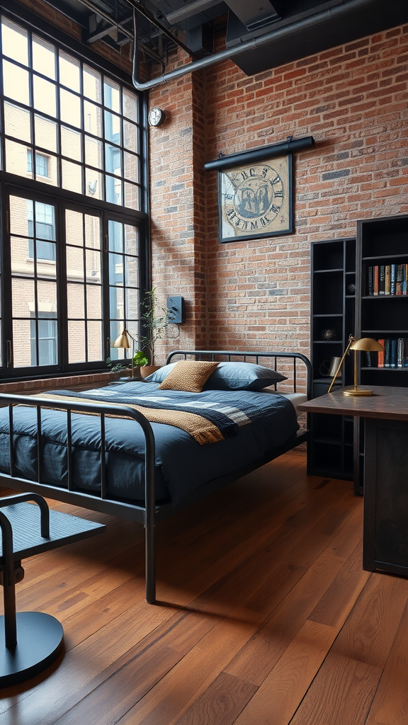 Cozy industrial style dorm room with exposed brick walls, large windows, a metal bed, and wooden flooring.