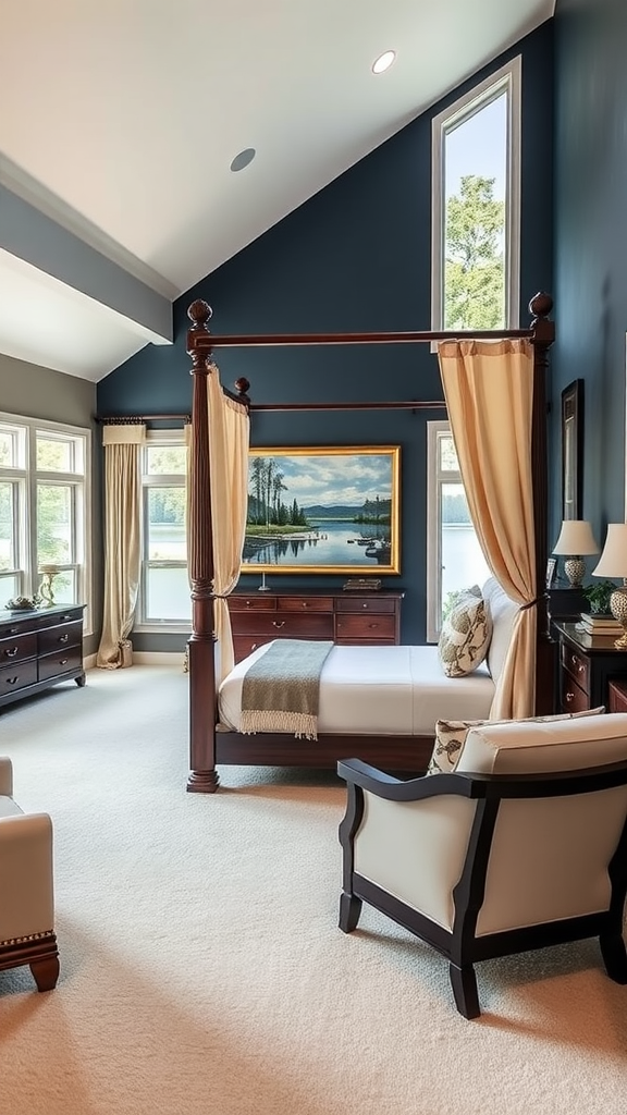 An elegant lake house bedroom featuring a four-poster bed, deep blue walls, and large windows with scenic views.