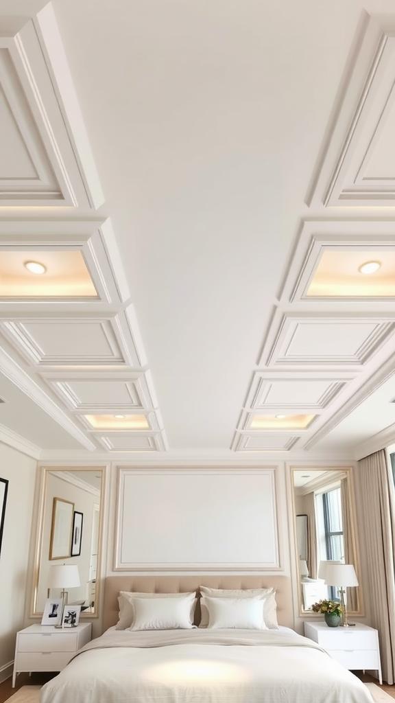 Elegant panel ceiling design in a modern bedroom with soft lighting