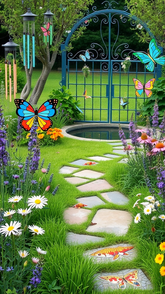 A colorful butterfly sanctuary featuring a decorated gate, flower-lined path, and a small pond