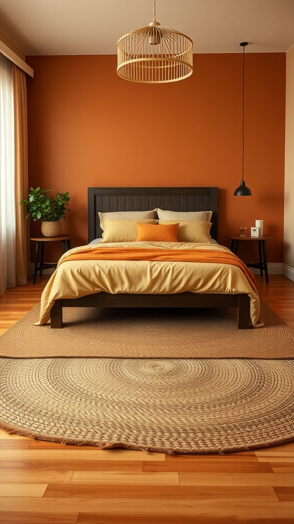 A Japandi bedroom featuring warm earthy tones with an orange wall, a wooden bed with yellow and cream cushions, and a round woven rug.