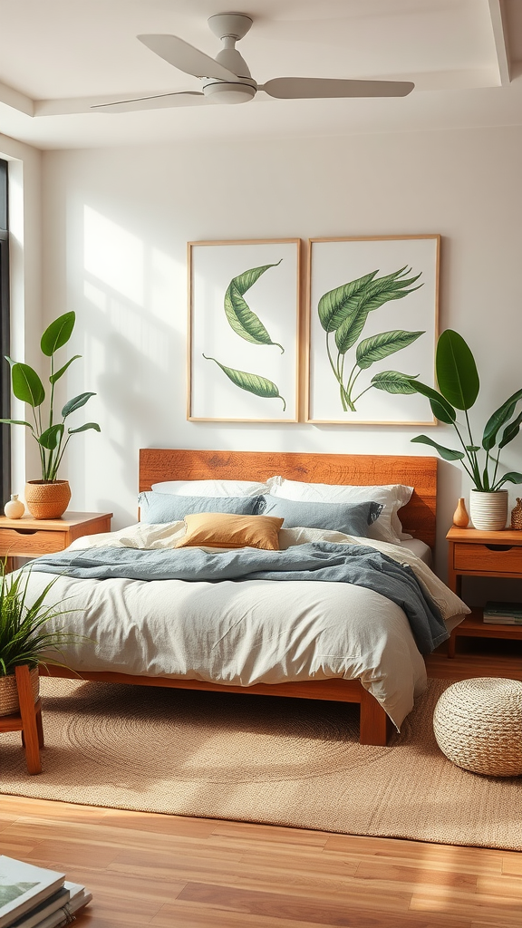 A nature-inspired bedroom featuring wooden furniture, botanical prints, and indoor plants