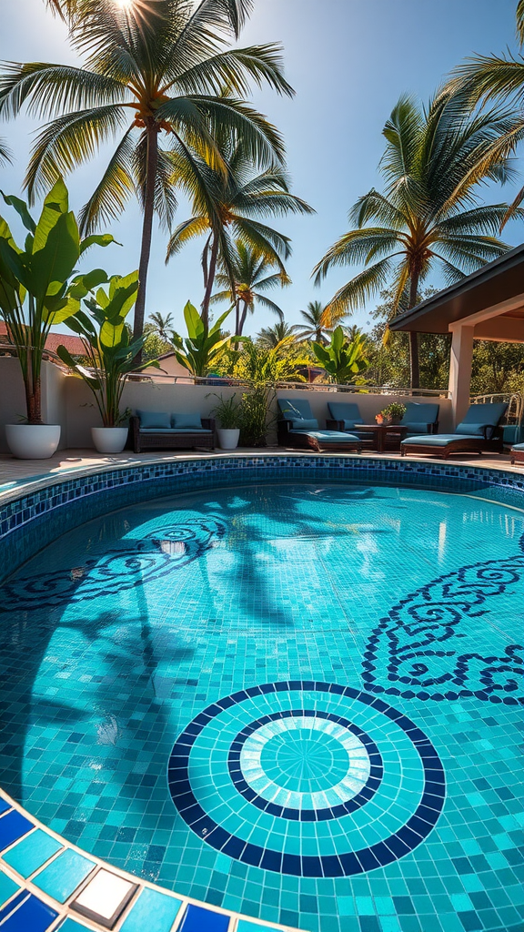 A beautifully designed pool with tiled mosaics and surrounded by palm trees