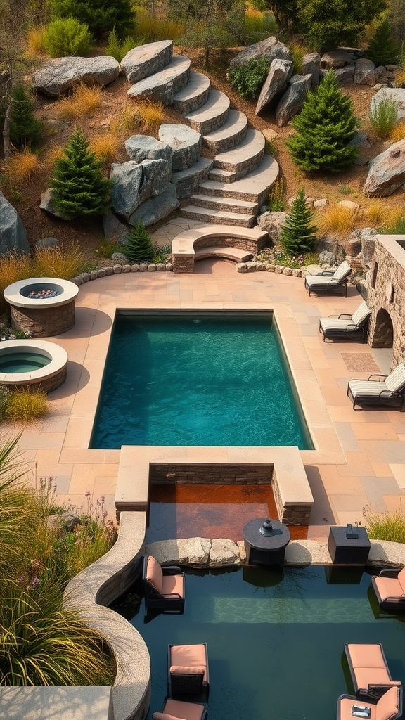 A beautiful rustic stone pool retreat with steps leading to the pool, surrounded by greenery and seating areas.